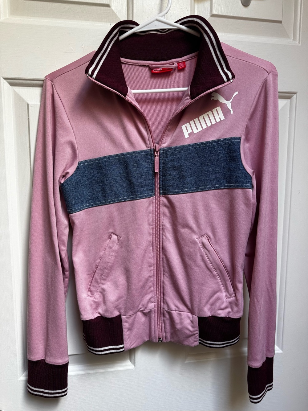 Puma Rare Pink Burgundy Denim Stripe Zip Pockets Long Sleeve Jacket women Small
